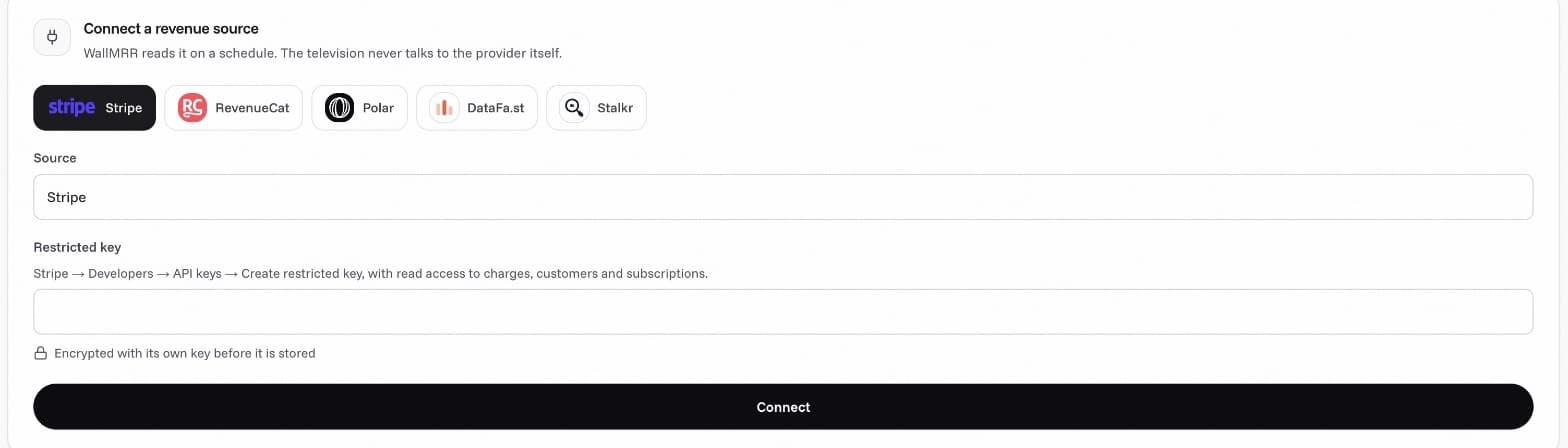 The connections page: Stripe selected in the provider picker, an empty Restricted key field, and the note that the key is encrypted before it is stored